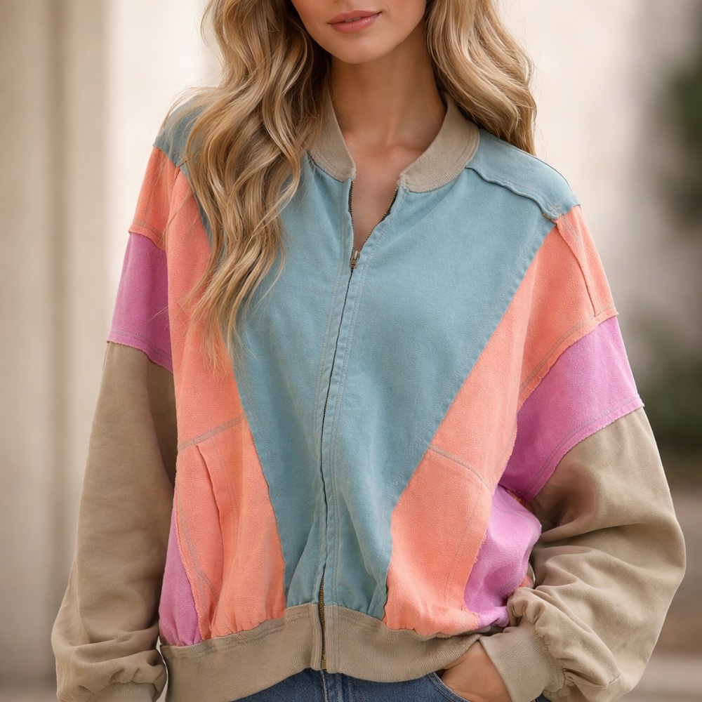 Colorblock Pastel Bomber Jacket - Women